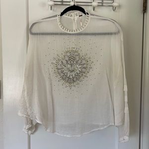 Free people beaded white sheer button-back shirt